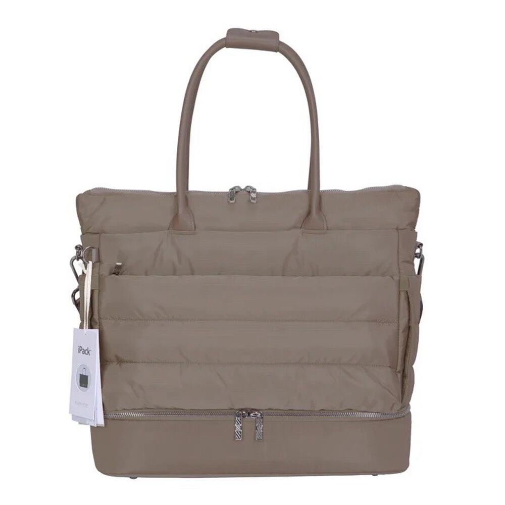 New! iPack Taupe Puffy Tote Bag With Shoe Compartment, Padded Laptop Pocket - Picture 2 of 9